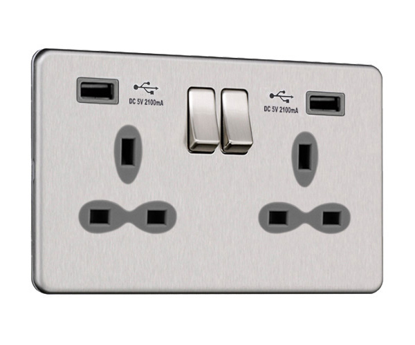Slimline Screwless 2G Socket with Dual USB Charger (2.1A)