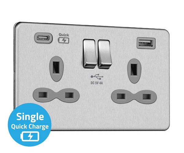 Slimline Screwless 2 gang 13A switched socket with USB (2.4A) and Bluetooth audio (TWS Function)