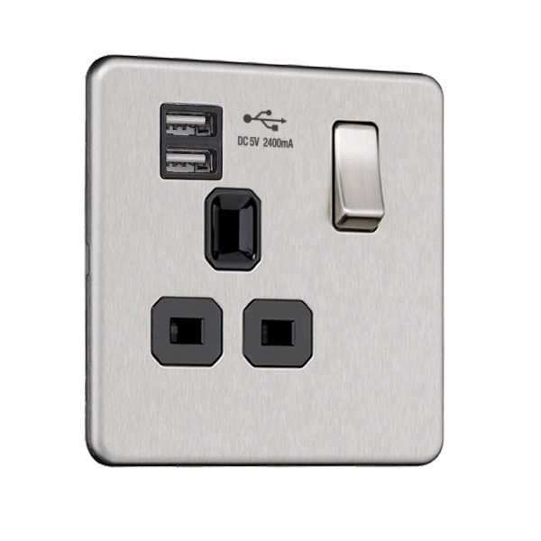 Flat Plate Screwless 2G Socket with Dual USB Charger (2.4A)
