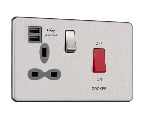 Slimline Screwless 45 AMP Cooker Switch Socket Outlet with Dual USB Charger (2.1A)