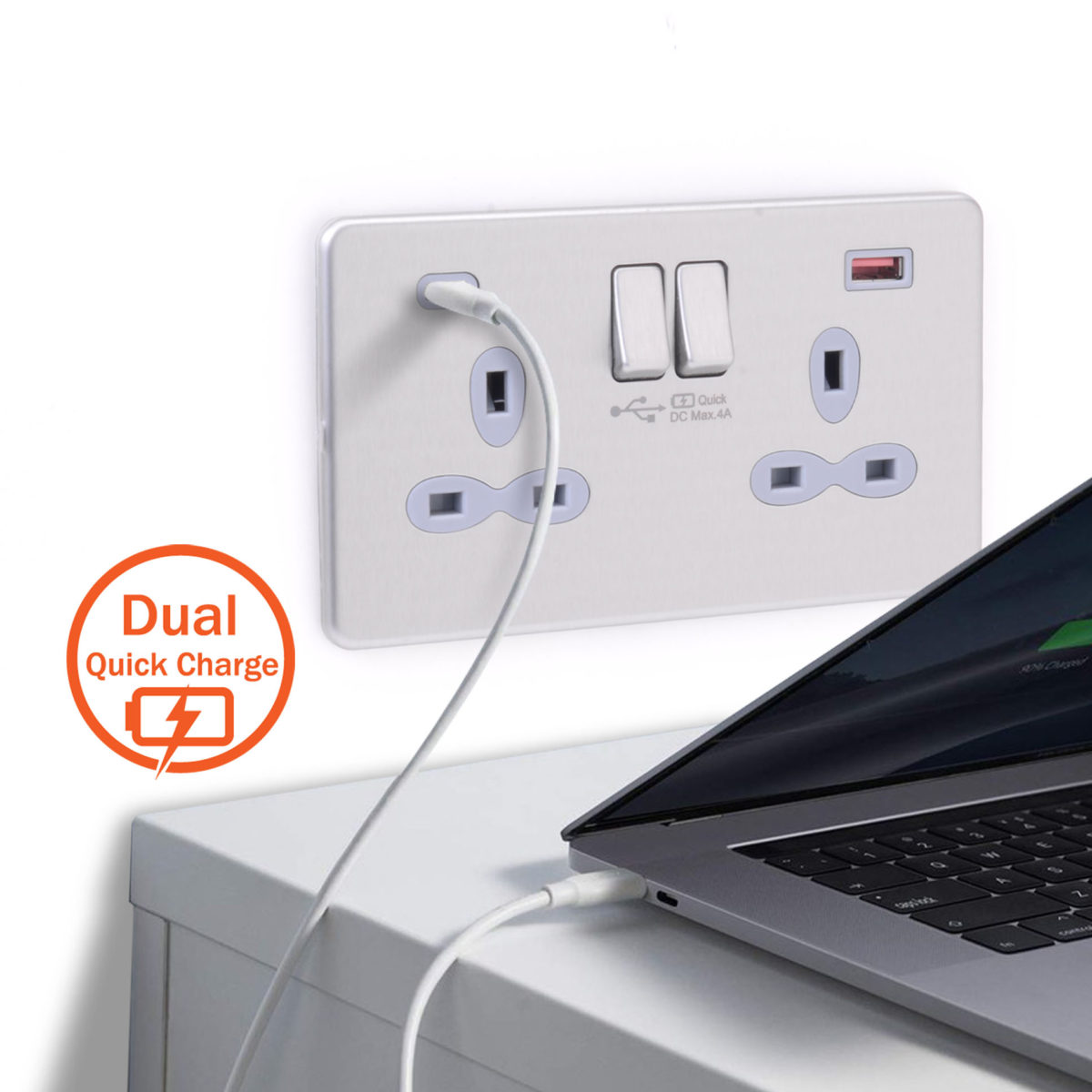 Slimline Screwless 2G Socket with Dual USB Quick Charger (4A – Type A + Type C)