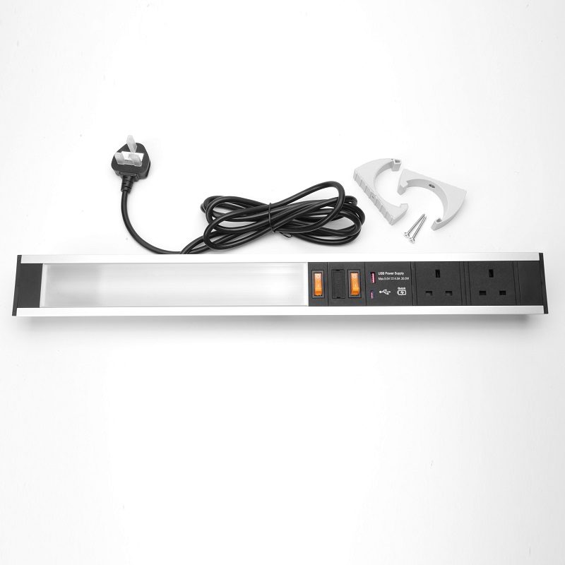 Power Station – 2 x BS socket with LED Strip Light & Dual USB Quick charger (Surface mount)